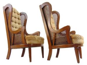 lot 17 image: Pair of Cane Wingback Vintage Mid Century Chairs with Velvet Tufted Upholstery WOW  Spectacular Condition