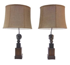 lot 77 image: Pair of Vintage Sensational Unique Lamps of Male and Female Heads with Lampshades - Cast Metal Brass & Wood