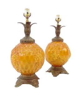 lot 79 image: Pair of Vintage Amber Glass Sphere Lamps - Working
