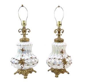 lot 89 image: Pair of Vintage Iridescent Glass and Ornately Decorated Table Lamps