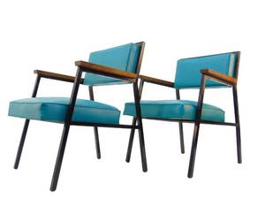 lot 58 image: PAIR of Turquoise Vinyl, Metal, and Wood MCM Chairs