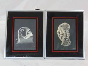 lot 201 image: 1976 Dimension in Scratchboard Art Pair of Pictures of Cats in Chrome Frames