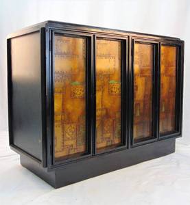 lot 224 image: BRUTALIST Vintage Mid Century Brass and Wood Buffet Tv Stand