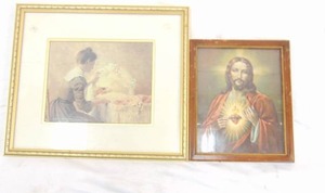 lot 241 image: Framed Prints - Vintage Framed Print of Jesus and Another of Woman