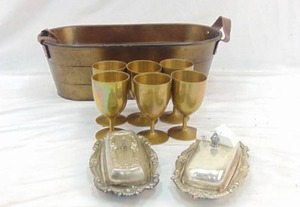 lot 264 image: Lot of Brass Chalices, 2 Silver Butter Dishes & Ice Bucket