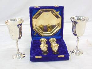 lot 278 image: Pair of Silver Plated Wine Glasses & Beautiful Brass Tea Set from India