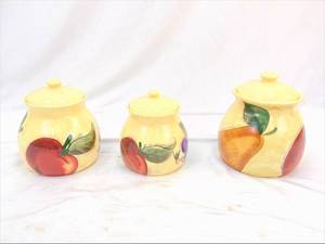lot 298 image: Set of 3 Kitchen Jars - Ceramic with Hand-Painted Fruit