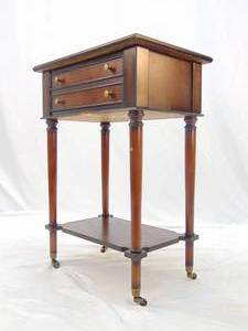 lot 336 image: Dark Brown Wood Side Table On Wheels with Drawer