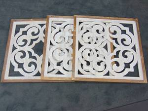 lot 32 image: Lot of 3 Wood Cut Out Wall Decor Each Measures 24 X 24