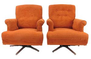 lot 380 image: Pair of Orange Swivel Vintage Mid Century Lounge Chairs