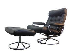 lot 40 image: Vintage Genuine EKORNES  Leather & Chrome Vintage MCM Lounge Chair  Ottoman Swivels & Reclines