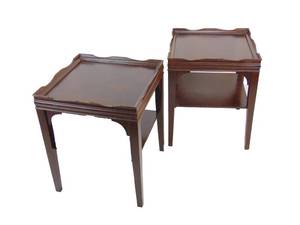 lot 137 image: Pair of Vintage Wood Two Tier Side Tables with Glass Tops