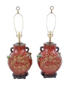 lot 610 image: PAIR of Beautiful Asian Style Red Ceramic Lamps with Detail