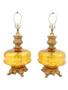 lot 646 image: Vintage PAIR of LARGE Amber Glass & Brass Tone Table Lamps