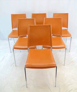 lot 672 image: Set of 6 CRATE & BARREL ITALIAN Dining Chairs Chrome & Orange Leather