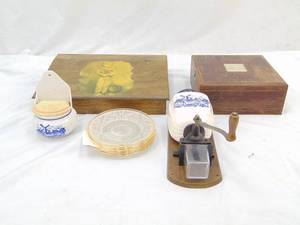lot 739 image: Lot With Vintage German Coffee Grinder, Wood Boxes, Glass Plates