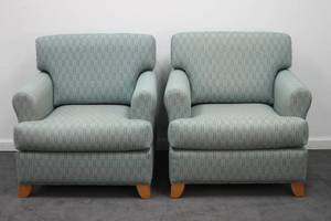 lot 1008 image: PAIR Light Blue Modern Lounge Chairs by MARTIN BRATTRUD with KNOLL FABRIC