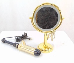 lot 860 image: Brass Lighted Vanity Mirror with Curling Iron