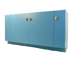 lot 837 image: Incredible Mid Century Wood Teal Cabinet with Retro Brass Hardware 1950s