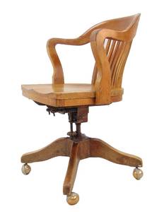 lot 839 image: Vintage Rolling Wood Bankers Arm Chair by The Marble & Shattuck Chair