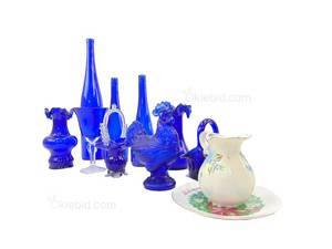 lot 608 image: Lot of Blue Glass & Travel TVs and DVD Players