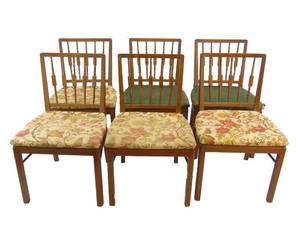 lot 666 image: Set of 6 Vintage Mid Century Upholstered Seat Dining Chairs