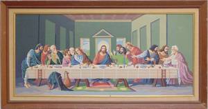 lot 802 image: Vintage Jesus & The Last Supper Original Painting 19 X 36 Framed