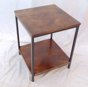 lot 947 image: Chevron Wood and Black Metal Side Table - 2 Tier