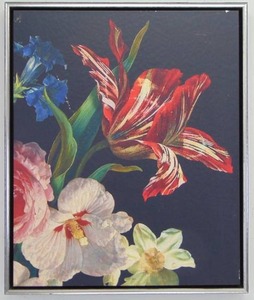 lot 106 image: Print of Flowers on Canvas in Silver Frame Dutch Garden IV