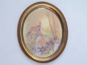 lot 127 image: Vintage Oval Original Oil Painting Framed - House & Trees