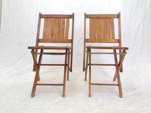 lot 38 image: PAIR of Vintage MASONIC Temple Wooden Slat Folding Chairs - Wiggly