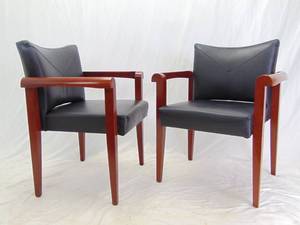 lot 56 image: Pair of Black Leather & Wood Office Arm Chairs