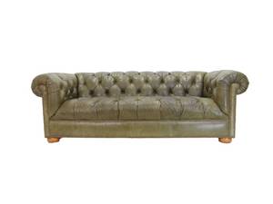 lot 277 image: Olive Green Genuine Leather Tufted Chesterfield Sofa