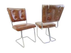 lot 146 image: Pair of Vintage Mid Century Tufted Brown Vinyl & Chrome Cantilever Chairs