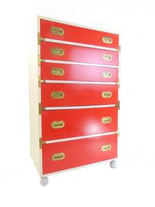 lot 270 image: Vintage Mid Century Red & White Campaign Tall Boy Dresser