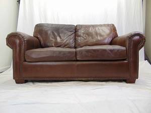 lot 458 image: Genuine Leather - Brown Loveseat