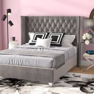 lot 10 image: Jennie Tufted Upholstered Low Profile Platform Bed - Grey King Size MSRP $771