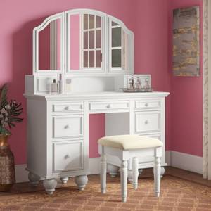 lot 120 image: Fortner Vanity Set with Stool & Mirror - White  MSRP$920