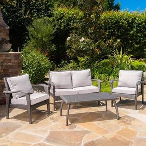 lot 58 image: Guilford 4 Piece Rattan Sofa Seating - Grey Wicker Light Grey Cushions