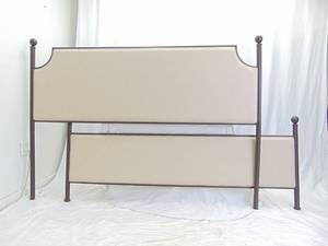 lot 23 image: Beige Linen Upholstered Bed with Iron Trim - Headboard & Footboard - KING
