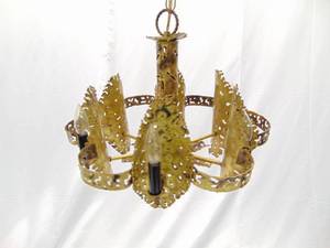 lot 3 image: Brutalist Vintage Mid Century Brass Cut Chandelier - Working