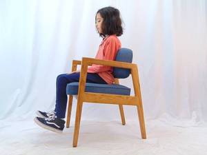 lot 113 image: Blue Upholstered Chair with Oak Frame - Curved Back