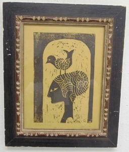 lot 205 image: Original Framed Blockprint of Bird Sitting on Womans Head