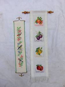 lot 129 image: Pair of Vertical Wall Hangings Handmade Cross Stitch Birds & Fruits