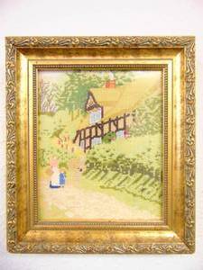lot 116 image: Petite Cross Stitch Framed Artwork of Landscape with Woman & Child 7 X 8