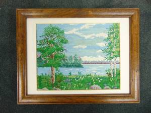 lot 117 image: Handmade Small Cross Stitch of Landscape Framed