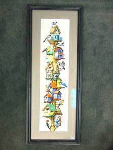 lot 118 image: Cross Stitch Handmade of Birds & Birdhouses Framed with Glass 11 X 29