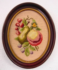 lot 119 image: Petite Oval Framed Cross Stich of Fruit 8 X 10