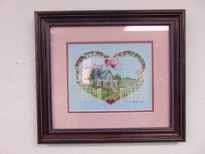 lot 121 image: Handmade Cross Stich Framed with Glass of Cottage Home with White Picket Fence