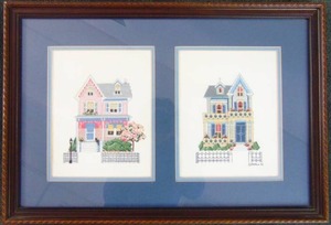 lot 123 image: Handmade Cross Stitches of Victorian Houses Framed with Glass 15 X 22